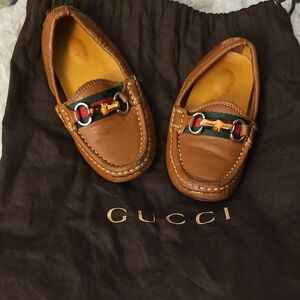 Aurhentic Baby Boy Gucci Brown Leather Loafers with Web Stripe